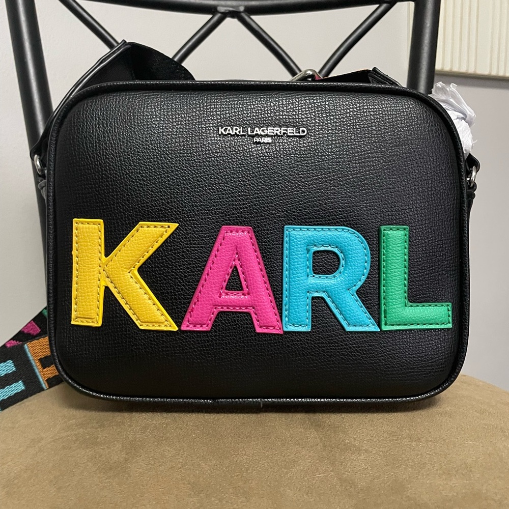 Karl Lagerfeld Black Crossbody with Multicolor Letters & Multicolor Strap